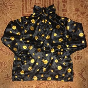 Only one black silky blouse with gold pattern (L)